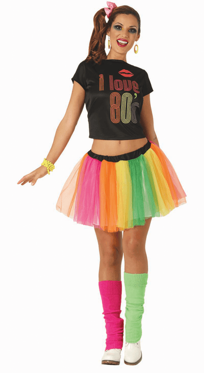 Neon 80’s Kostuum Dames – Gekleurd T-Shirt & Rok | Foute Party Outfit