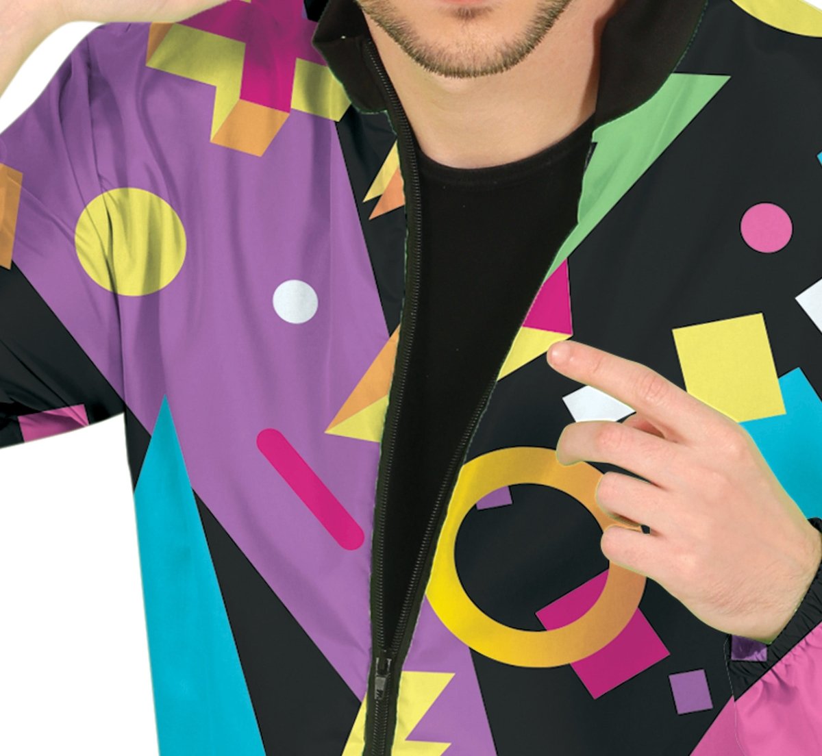 Neon 80’s Trainingspak Heren – Zwart met Meerkleurige Details | Fout Party Kostuum