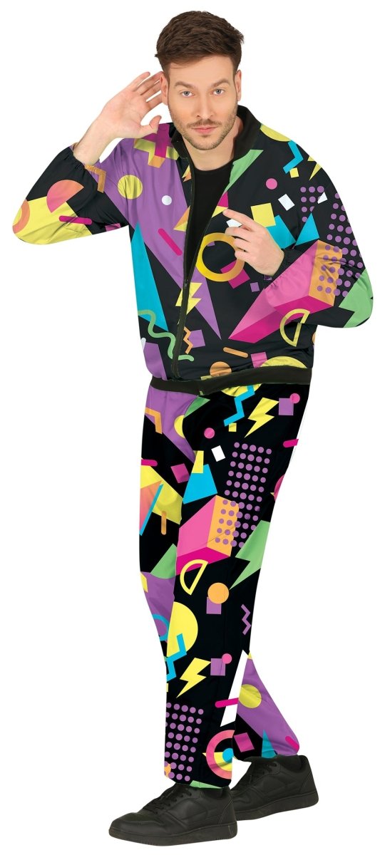 Neon 80’s Trainingspak Heren – Zwart met Meerkleurige Details | Fout Party Kostuum