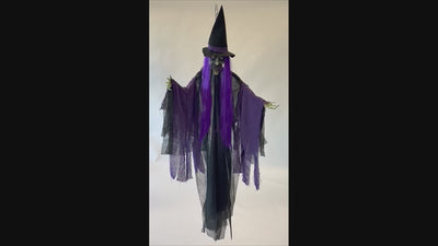 Halloween Heks Decoratie 146 cm – paarse hangende heks met licht