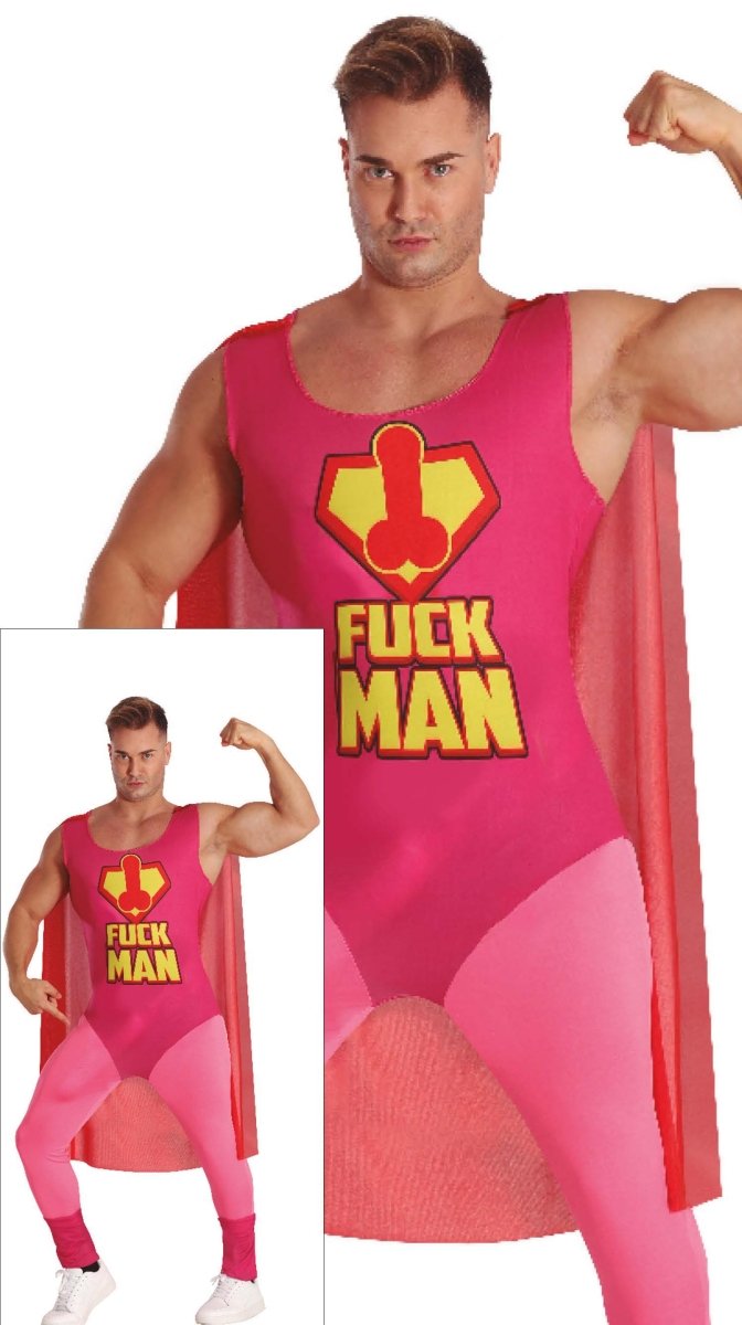 Superheld Kostuum Heren – “Fuckman” Roze Cape & Pak (Parodie)