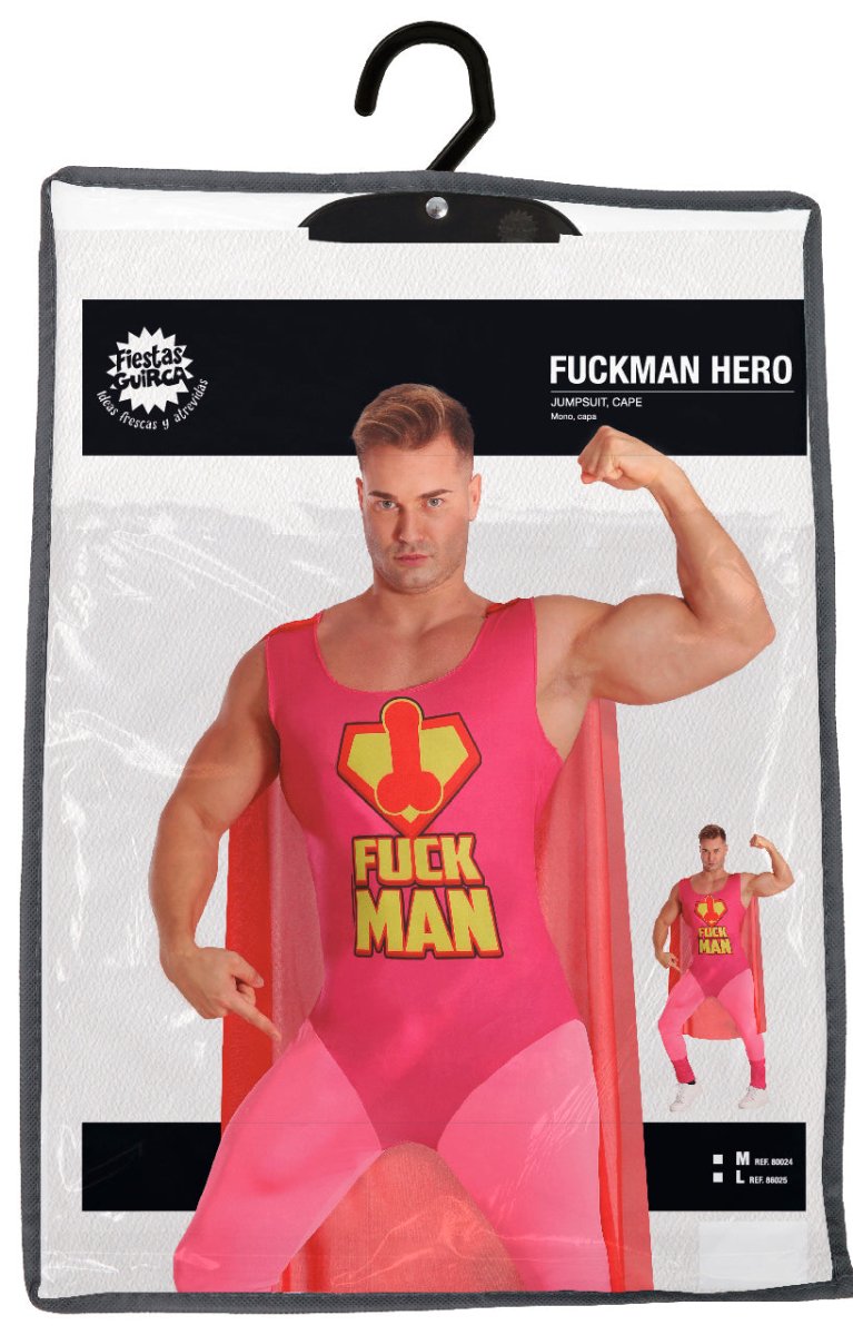 Superheld Kostuum Heren – “Fuckman” Roze Cape & Pak (Parodie)