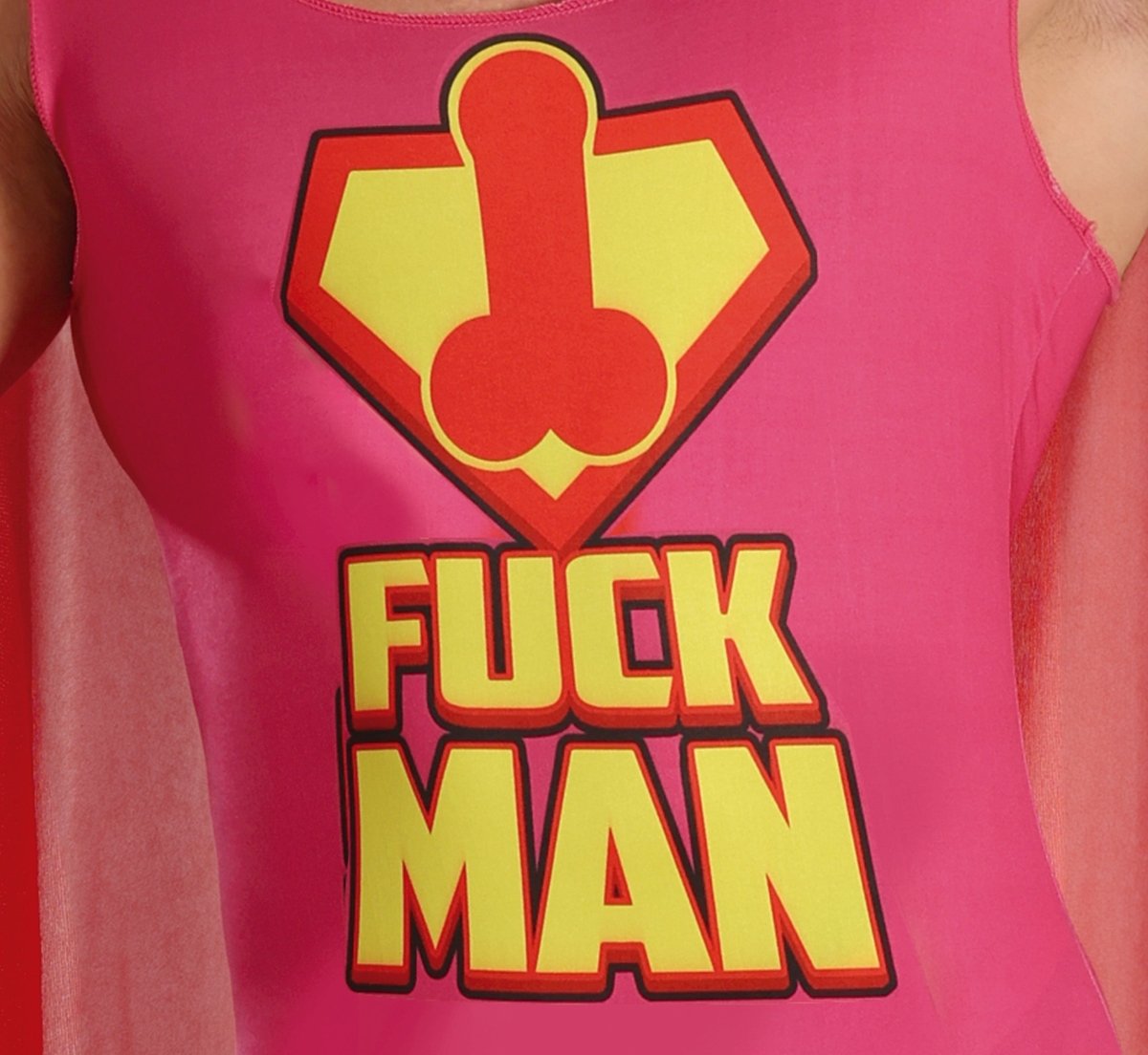 Superheld Kostuum Heren – “Fuckman” Roze Cape & Pak (Parodie)