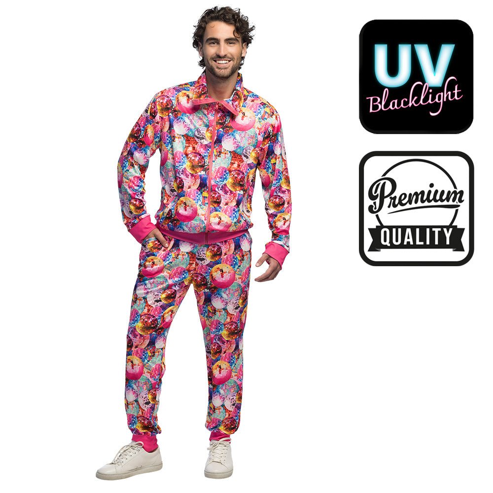 Trainingspak Dancing Dude UV – Roze | 80’s Disco Fout Party Kostuum
