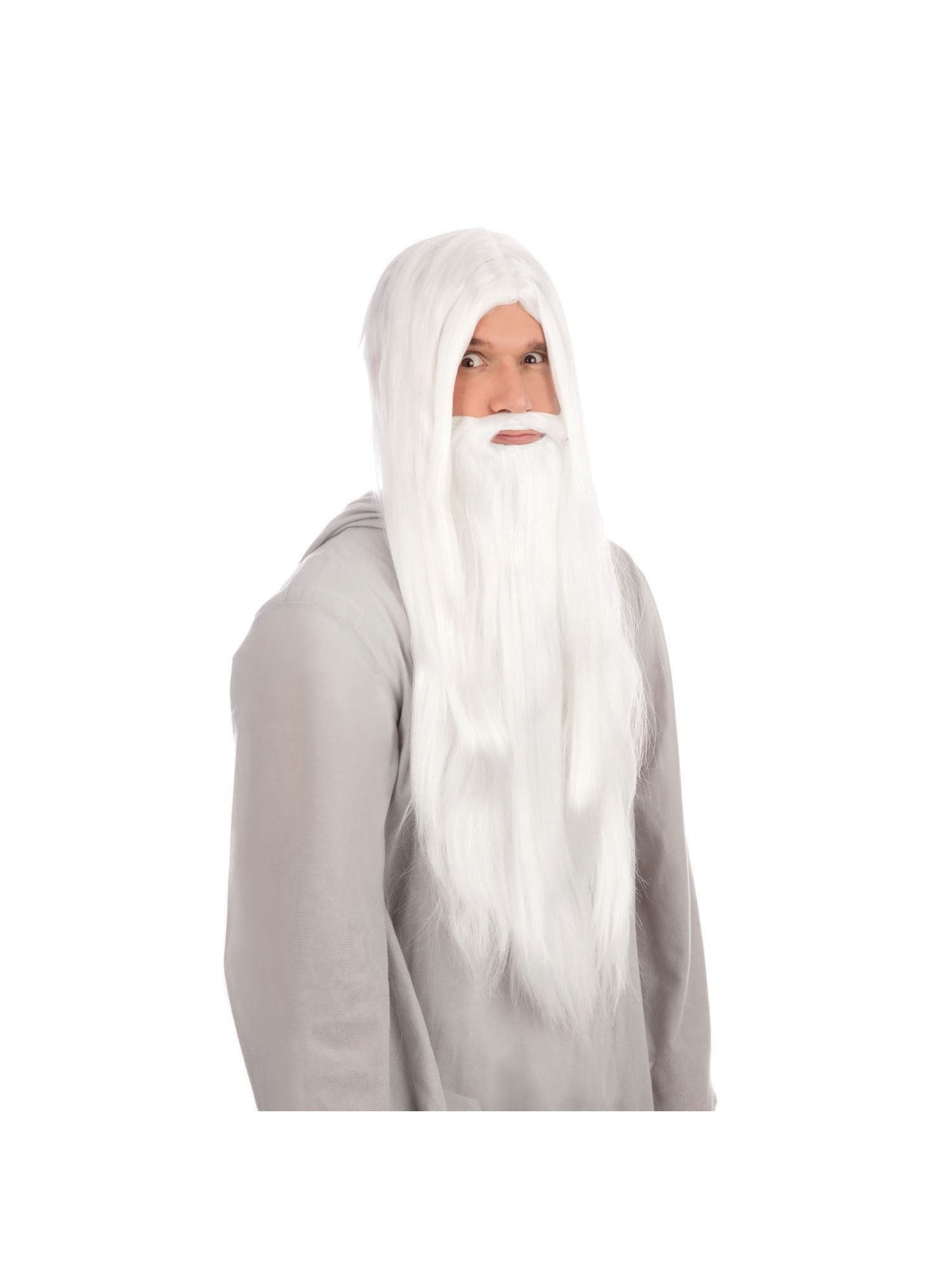 Tovenaar Pruik met Baard – Lang Wit