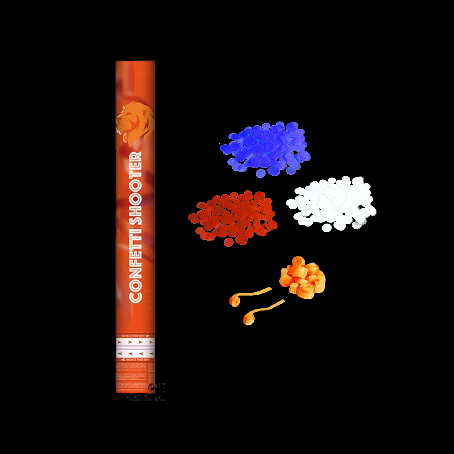 Confetti kanon - 40cm - Rood/wit/blauw met oranje swirls